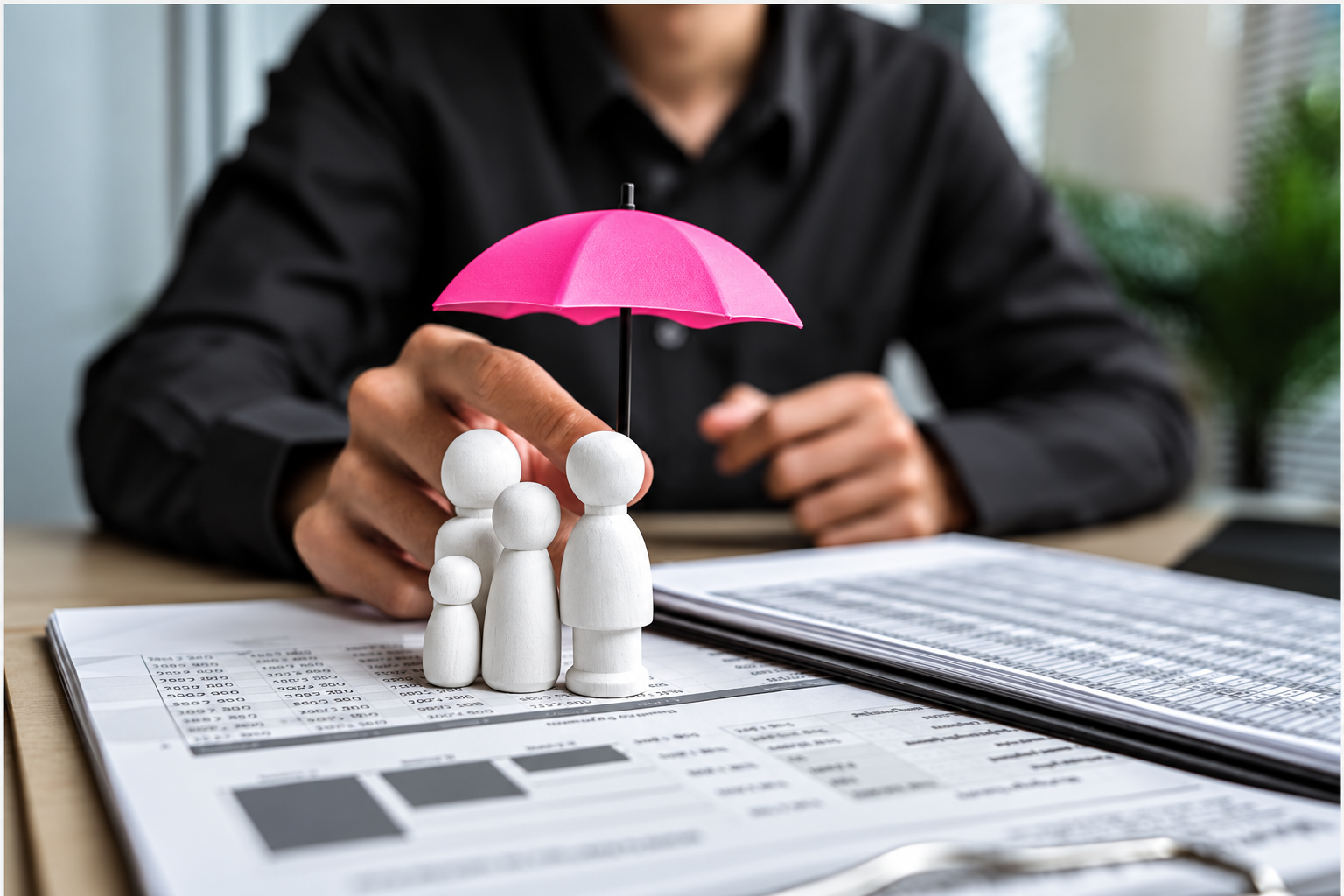 Família de miniaturas protegida por um guarda-chuva rosa sobre planilhas de condomínio